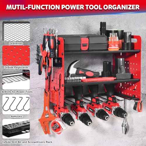 Power Tool Organizer Wall Mount, 3 Layer Shelves Storage with 4 Drill Holders Wall Mount/Drill Bit/Screwdriver Rack, 4 Hooks for Garage, Workshop, Tool Room