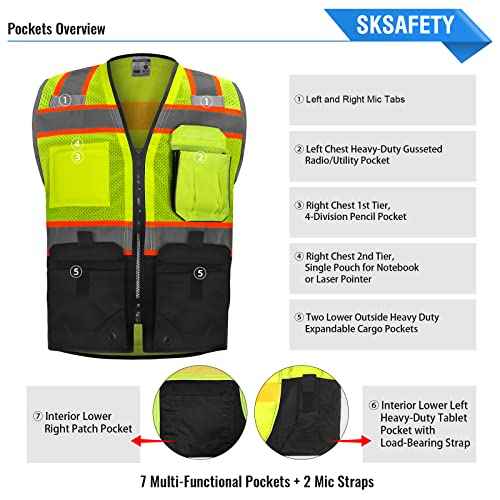 SKSAFETY 10 Pockets Professional level Safety Vest, Class 2 High Visibility Security Vest with Zipper, Hi Vis Vest with Reflective Strips, ANSI/ISEA Standard, Construction Work Vest£¨Lime Black, 3XL£©