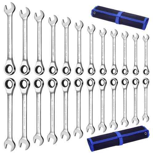 24pcs Ratcheting Wrench Set with Rollup Pouches Metric (8mm to 19mm) & SAE (1/4" to 7/8") Ratchet Combination Wrenches Set Wrench set Metric and Standard