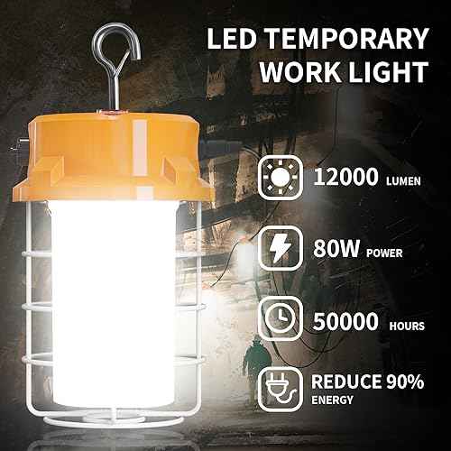 80W LED Temporary Work Light 12000lm 5000K Daylight White Portable Hanging Construction Lighting Led High Bay Light for Workshop Mine Job Site Lighting