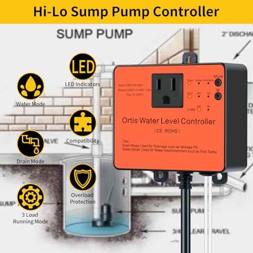 Hi-Lo Sump Pump Switch, Ortis Electronic Adjustable Float Switch Controller with Dual Sensors, LED Indicators, Corrosion-Resistant, 110/220V for Water Tanks Sewage Pits, Orange