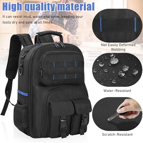 Tool Backpack, Heavy Duty Tool Bag with Padded Shoulder and Removable Tool Organizer, Water-Resistant Work Backpack, for Electrician, Plumber, HVAC, Cable Repairman, Black & Blue
