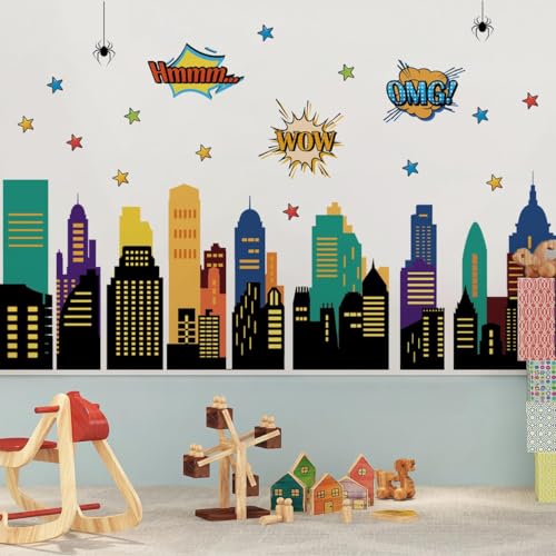Runtoo City Skyline Wall Decal Spider Peel and Stick Wall Stickers for Boys Baby Nursery Playroom Classroom Decor