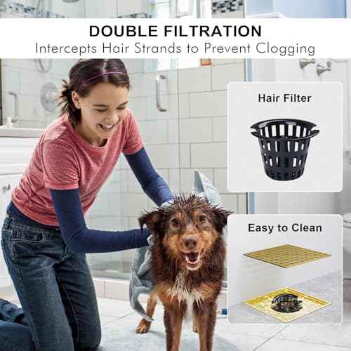 Brushed Gold Shower Drain 4-1/4 Inch - Square Shower Floor Drain Kit with ABS Flange for 2" or 3" Pipe, Drain with Hair Strainer,Removable Strainer Cover,SUS304 Stainless Steel & CUPC Certified
