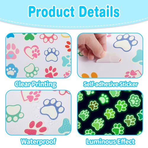 Large Paw Print Stickers 44 Pieces Glow in The Dark, Cute Dog and Cat Animals Art Wall Decals, Removable Luminous Footprint Nursery Bedroom Room Decor