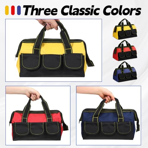 3 Pack 13 Inch Tool Bags for Men, Wide Mouth Tool Tote Bag with Waterproof Base Heavy Duty Tools Storage Bag for Electrician Carpenter Mechanic (Blue, Red, Yellow)