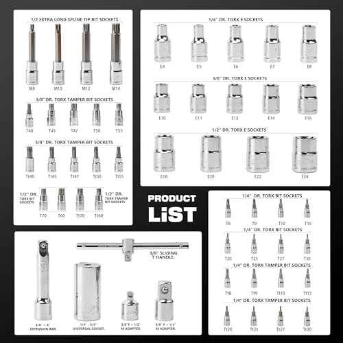 LLNDEI 53PCS Master Bit Socket Set 1/4 3/8 1/2-Inch and External Torx Sockets£¬Dr. 6p |Tamper Proof |E-Torx|Extra Long Spline Tip|Universal Socket,CR-V(T8-T70, TT8-TT70, E4-E24, M8-M14)