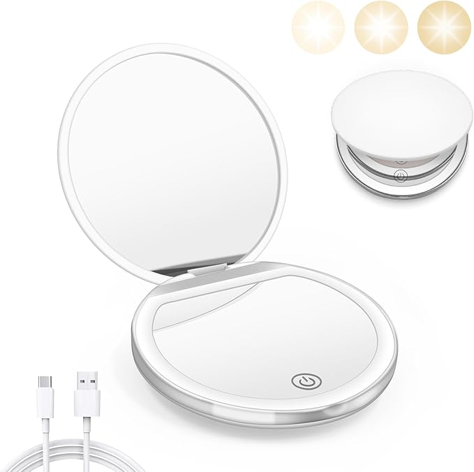 Kakuje Compact Mirror with Light, 1X/3X Magnification LED Pocket Mirror with USB Data Cable,Mini Mirror for Purse, Pocket,Travel and Present (White)