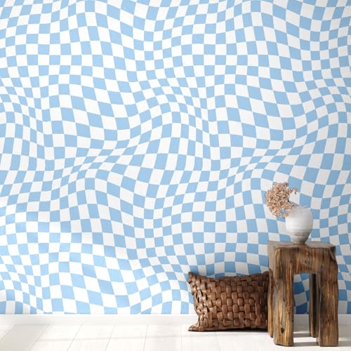 15.75''x118'' Checkered Peel and Stick Wallpaper Aesthetic Removable Contact Paper Preppy Wallpaper Decorative Checkerboard Decor for Cabinets(Light Blue)
