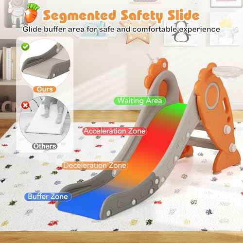 BABY JOY Toddler Slide for Kids, 4 in 1 Indoor Foldable Kids Slide w/Climber, Basketball Hoop & Ring Toss, Folding Climber Playset Baby Freestanding Playground
