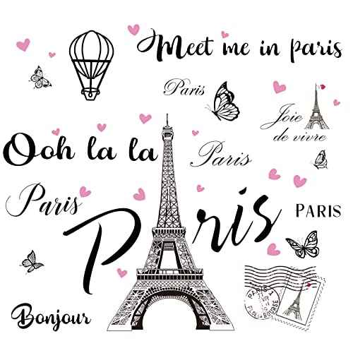 2 Sheets Paris Tower Wall Stickers Decor Paris Eiffel Tower Peel and Stick Wall Decal Large Black Removable Balloon Stickers for Bedroom Living Room Sofa Backdrop Romance Decoration