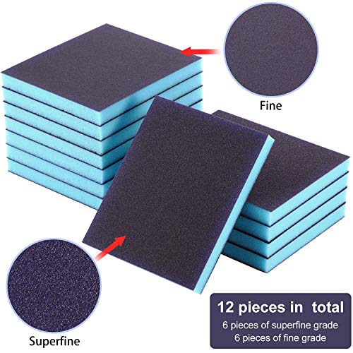 Sanding Sponge Grit Sanding Blocks, Washable and Reusable Sand Sponge Kit, 12 Pieces (Superfine Grade, Fine Grade)