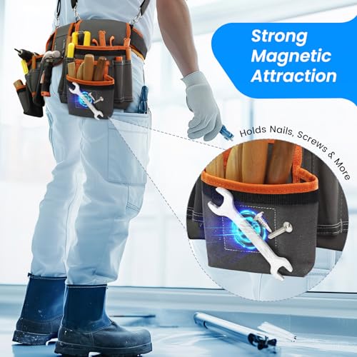 Tool Belt, Professional Tool Belts for Men, Magnetic Tool Pouch With Suspenders, Heavy Duty Detachable Adjustable Utility Belt Work Bags for Electrician, Carpenter (Gray and Orange, 32''-66'')