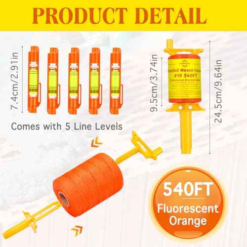 Mason Line with Handle,Twisted 540 FT #18 Braided Nylon Mason String with 5 Built-in Levels and Spool Construction Line,String Level Line Kit for Gardening Or Masonry Tools, Kite Twine String or DIY
