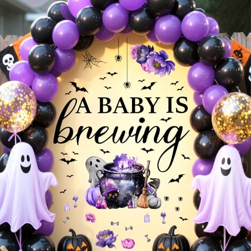 Halloween Party Decal A Baby is Brewing Baby Shower Decals for Balloon Arch Halloween Theme Party Stickers Gender Reveal Balloon Arch Decor Boy Or Girl Backdrop Decals Background Decoration