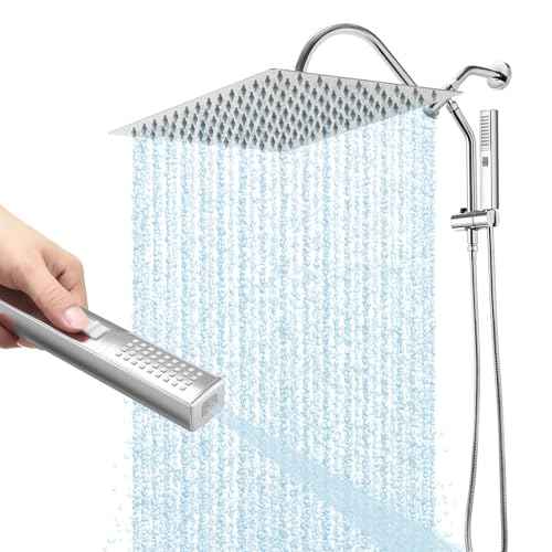Shower Head, 12" Luxurious All Metal Rectangular Rain Shower Head with Handheld, High Pressure Rainfall Shower Heads wih Extension Arm Wide Dual Showerhead with Spray Combo Bathroom Accessories Chrome