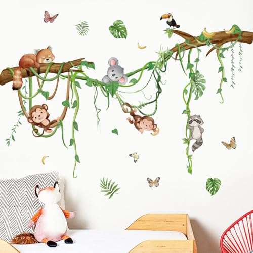 Runtoo Forest Animals Wall Decals Monkey Koala Tree Branch Wall Stickers Nursery Kids Room Classroom Wall Decor