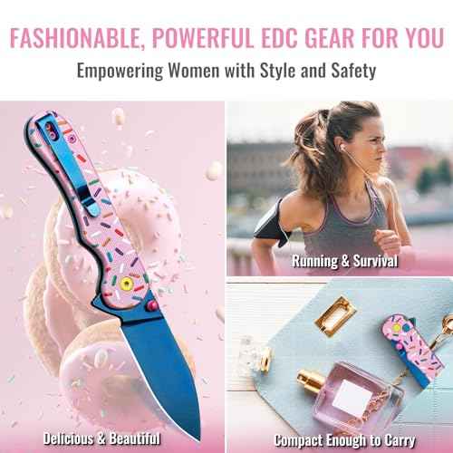 NedFoss DONUT Pink Pocket Knife for Women Men, 2.9" Blade Small EDC Knife, 14C28N Steel Button Lock Knife, Unique Donut Design G10 Handle Folding Knives