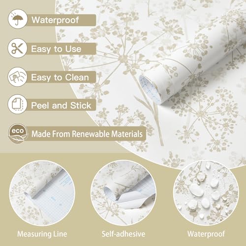 Safiyya Peel and Stick Wallpaper Floral Contact Paper 78.7" x 17.3" White and Beige Wall Paper Modern Neutral Self Adhesive Removable Wallpaper for Bedroom Bathroom Vinyl Rolls