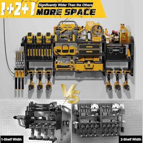 Tool Organizer Wall Mount, 3 Layer Storage Rack, 45 inch long, extra storage space, Heavy Duty Rack for Drill Bit Metal Power Tools, Storage Shelf with Charging Station for Garage Organization