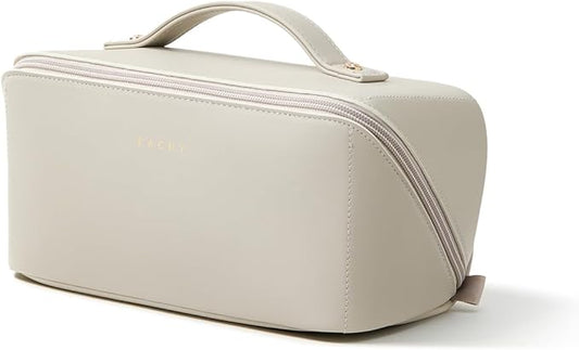 EACHY Travel Makeup Bag, Large Capacity Cosmetic Bag for Women, Waterproof PU Leather, Flat Open Portable Toiletry Bag for Skincare, Brushes & Travel Essentials
