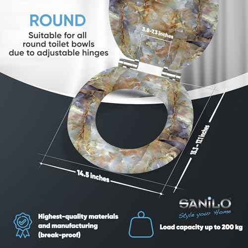SANILO Wooden Toilet Seat with Soft Close [ROUND] - Decorative, Quiet & Slow Close Molded Wood Seat - With Strong Bumpers & Hinges - Adjustable Fit ? Marble Brown