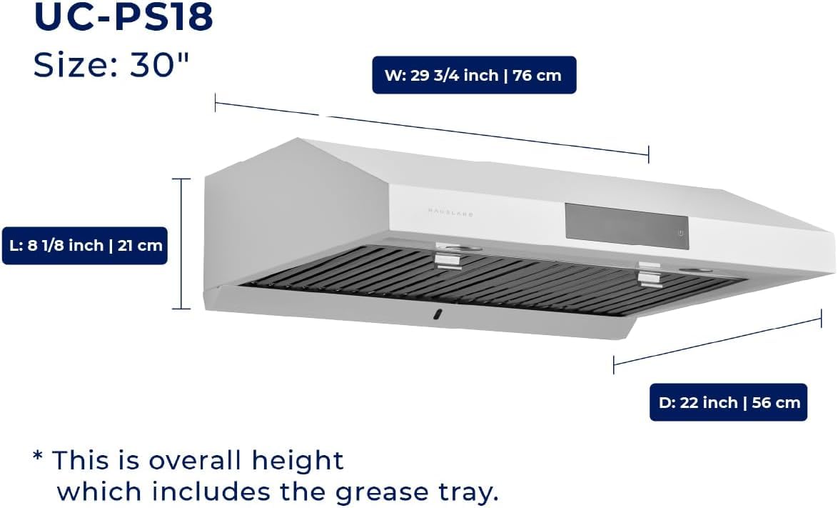 Hauslane Under Cabinet Range Hood 30" Stainless Steel Kitchen Hood, 6 Speed Vent Hood 30 Inches, Low-Noise Stove Vent Hood for Kitchen, Vent Hoods 30 Inch with LED - Chef Series PS18