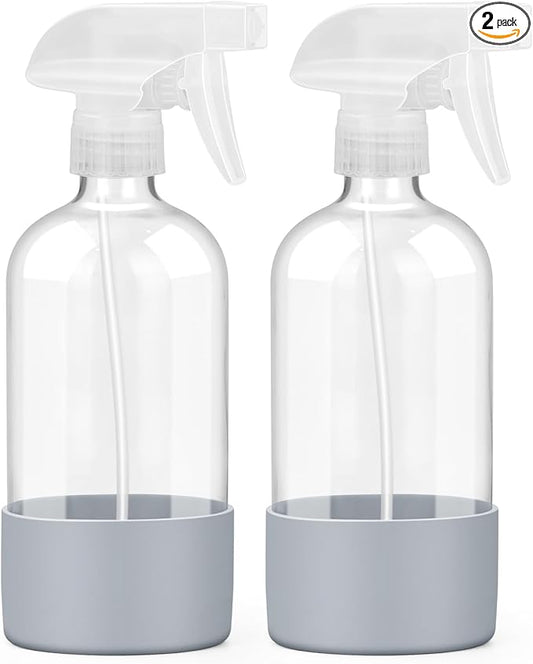 Worldgsb 2 Pack Glass Spray Bottles with Silicone Sleeve, 16 oz Empty Refillable Containers with Adjustable Spray Nozzles, Spray Bottles for Hair, Cleaning Solutions and Plants