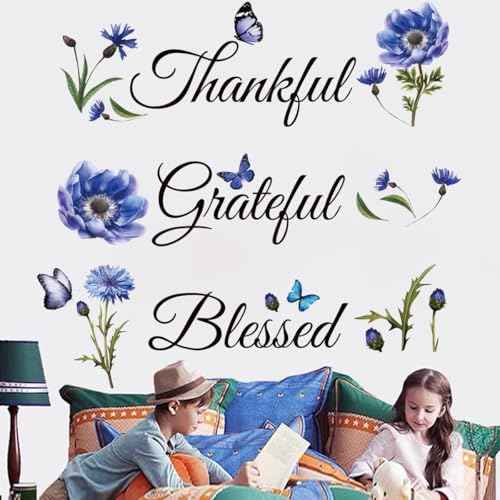 Inspirational Sticker Quote Grateful Thankful Blessed Removable Peel and Sticker Religious Wall Decor Blessed Wall Sign Inspirational for Kitchen Living Room Dining Room.
