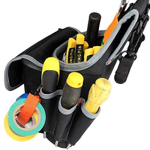 MELOTOUGH Electrician Tool Pouch Bag with Shoulder Strap Tool Belt Pouch with Rain Cover and Electrical Tape Strap,Hammer Holder Electricians Tool Bag (20 Pockets)