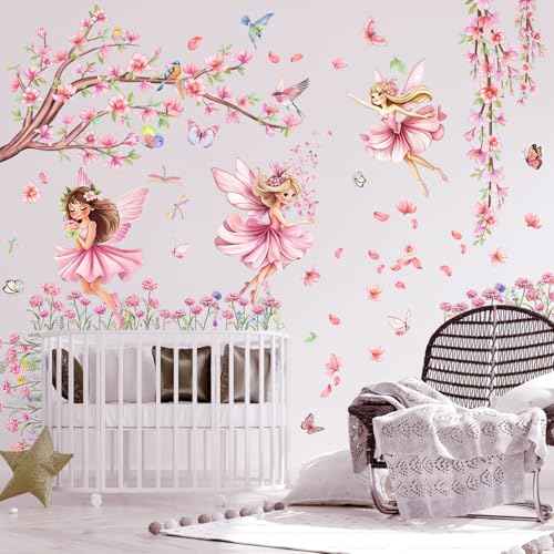 Pink Fairy Garden Wall Decals with Cherry Blossom Tree Floral Wall Stickers Peel and Stick Butterflies Birds DIY Wall Art for Girls Bedroom Baby Nursery Kids Room