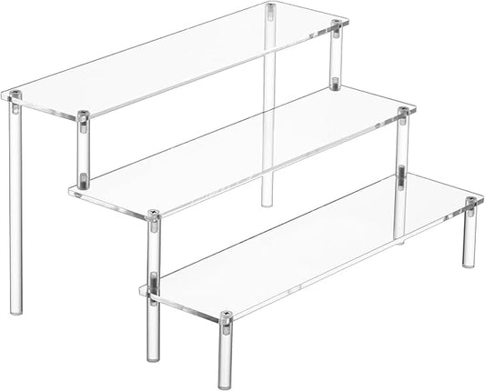 HENABLE Large Acrylic Display Risers, Perfume Stand Organizer, Clear Acrylic Shelf Risers for Display Stands for Food, Tabletop Use, Amiibo Funko POP Figure, 3 Tier Clear Cupcake Stand Risers