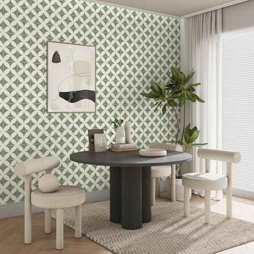Green Beige Geometric Wall paper Peel and Stick Wallpaper Boho 17.3"¡¿78.8" Green Removable Self Adhesive Wallpaper for Bathroom Kitchen Backsplash Contact Paper for Cabinets and Drawers Vinyl Roll