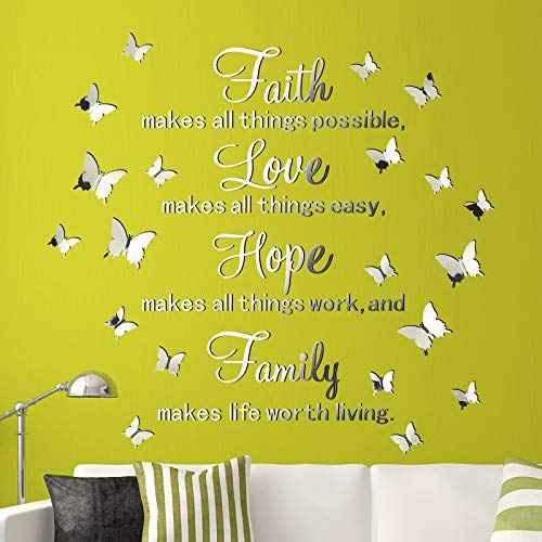3D Acrylic Mirror Wall Decor Stickers Removable Butterfly Mirror Wall Stickers DIY Faith Makes All Things Possible for Home Office School Teen Dorm Room Decoration(Silver)