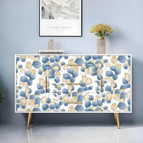 Vinjiasin Boho Peel and Stick Wallpaper Blue Leaf Contact Paper Modern Floral Wallpaper Self Adhesive Removable Wall Paper for Bathroom Bedroom Living Room Cabinet Countertop 17.3"x 78.7"
