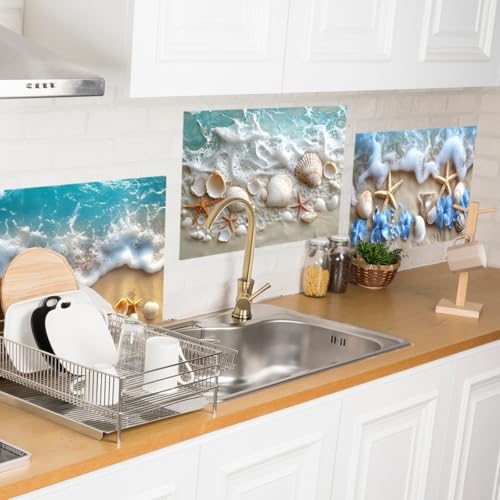 3 Sheets Vinyl Blue Ocean Wall Sticker Beach Shell Wall Decal Blue Sea Floral Peel and Stick Clings for Bathroom Room Bedroom Decorations