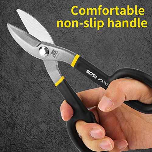8 Inch Straight Pattern Tin Snips Metal Cutters, High Strength Forged and Heat Treated Carbon Steel with Comfortable Black Rubber Handle