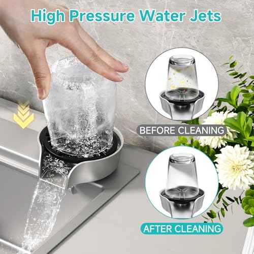 Glass Rinser for Kitchen Sink, High Pressure 360 Degree Rotating Spout Glass Rinser with Pull-out Spray Gun Design, Glass Cup Cleaner Sink Attachment Washer Baby Bottle, Glass Cup, Wine Glass (Silver)