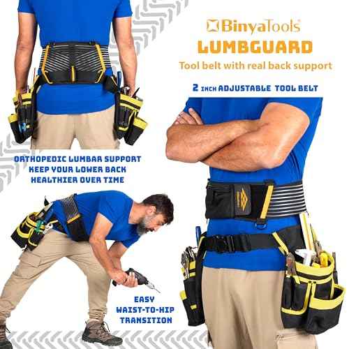 BINYATOOLS Tool Belt with Lumbar Back Support for Tradesman Pro Construction Electrician 2" Tool Belt for Men Orthopedic Lower Back Brace for Heavy Lifting Lightweight with D Rings and Pockets- L