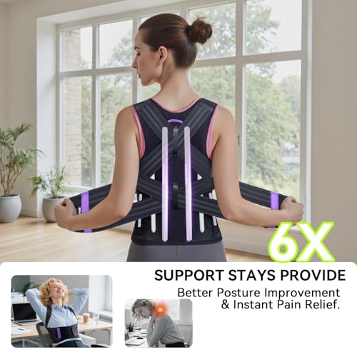 2025 New Posture Corrector for Women & Men, [Enhanced Support & Breathable Mesh] Upgraded Back Brace, Adjustable Shoulder Straightener for Neck Back Pain Relief, Scoliosis Improvement(Black Purple, L)