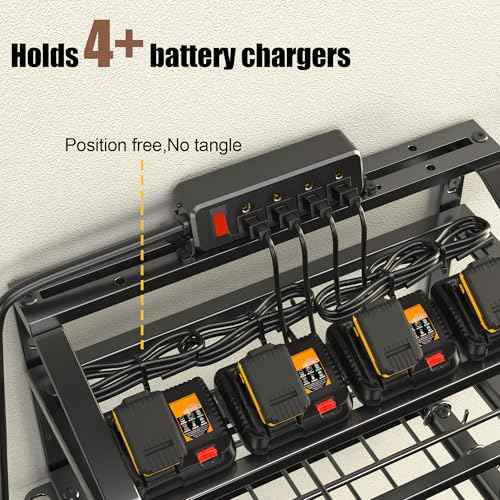 Power Tool Organizer With Charging Station, Heavy Duty Steel 4 Slots, Tool Battery Holder with 4 Outlet Power Strip, Easy To Install Garage Storage Rack for Workshop/Shed Gift For Men