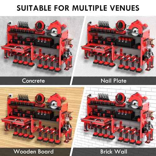KSVO Power Tool Organizer Wall Mount with Drill Rack, Grinder Holder, Hammer & Pliers Rack, Locking Drawers, 6-Outlet Charging Shelf ? Heavy Duty Metal Tool Storage for Garage, Workshop (Red)