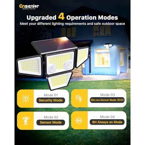 Ensenior Solar Lights Outdoor, IP65 Waterproof Motion Sensor Outdoor Light with Remote Control, 279 LED 4 Heads Solar Security Light with 4 Mode, 270¡Æ Wide Angle Solar Flood Light for Outside, 4 Packs