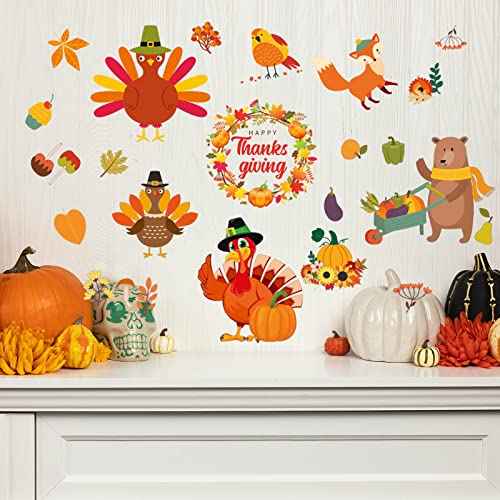 77 Pieces Fall Thanksgiving Wall Stickers Maple Leaves Decals Autumn Pumpkin Window Clings Orange Truck Turkey Squirrel Wall Art Decor for Thanksgiving Fall Party Home Office Decoration