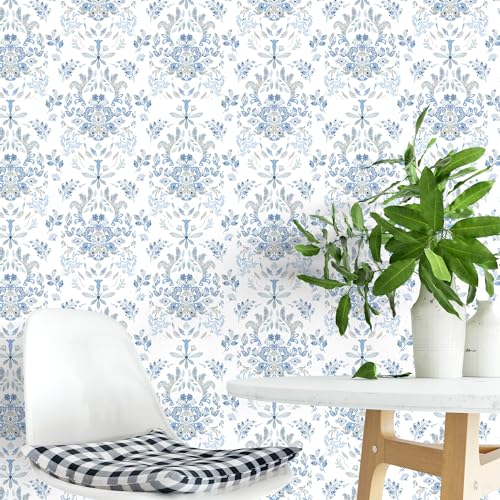 Wallpaper Peel and Stick Wallpaper for Home Decoration Kitchen Blue Wild Flower Removable Vinyl Self Adhesive Shelf Paper & Drawer Liner Roll House, Workshop & Office 17.3" x 118" TH8098-3