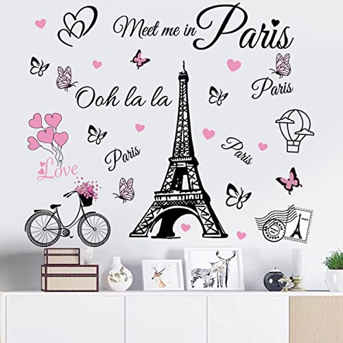 Paris Wall Stickers Eiffel Tower Vinyl Decals Removable Self-Adhesive Balloon Stickers Wall Decal for Girls Bedroom Living Room Sofa Backdrop TV Background