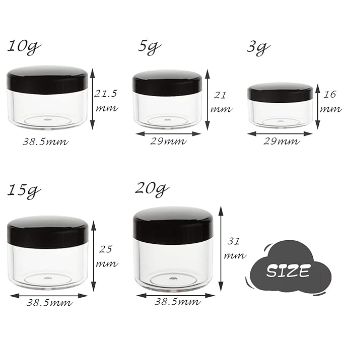 10pcs Small Travel Containers with Screw Lids, 5 Size 3/5/10/15/20 Gram Sample Jars with 12 Labels and 2 Mini Disposable Spatulas, Makeup Containers BPA Free