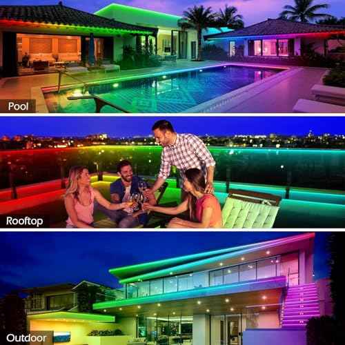 Outdoor LED Strip Lights Waterproof,IP68 Outside Led Light Strips Waterproof with Bluetooth App Remote Control,Music Sync RGB Exterior Led Rope Lights,for Balcony,Deck (100ft Outdoor LED Strip Lights)