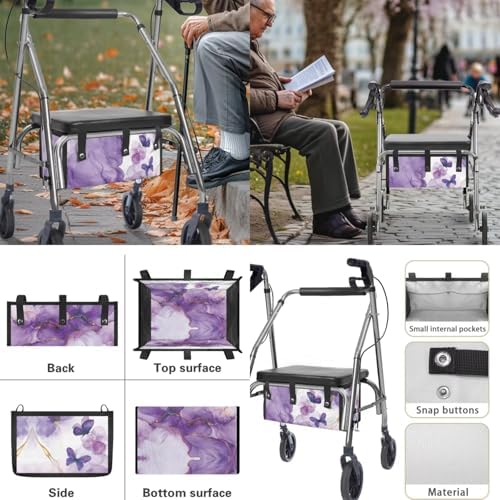 LedBack 3 Pcs Sets Rollator Walker Accessories Purple Marble Print Butterfly Walker Seat Cover Rollator Walker Seat & Backrest Covers, Rollator Storage Under Seat Bag
