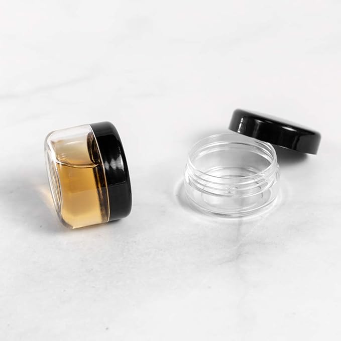 10pcs Small Travel Containers, Black Sample Jars with Screw Lids, 5 Size 3/5/10/15/20 Gram, 12pcs Labels and 2pcs Mini Disposable Spatula, Makeup Sample Containers BPA Free